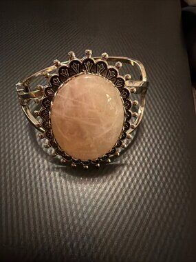 Vintage Silver Tone Cuff Bracelet w/ Huge Rose Quartz and Ornate Metalwork. EUC